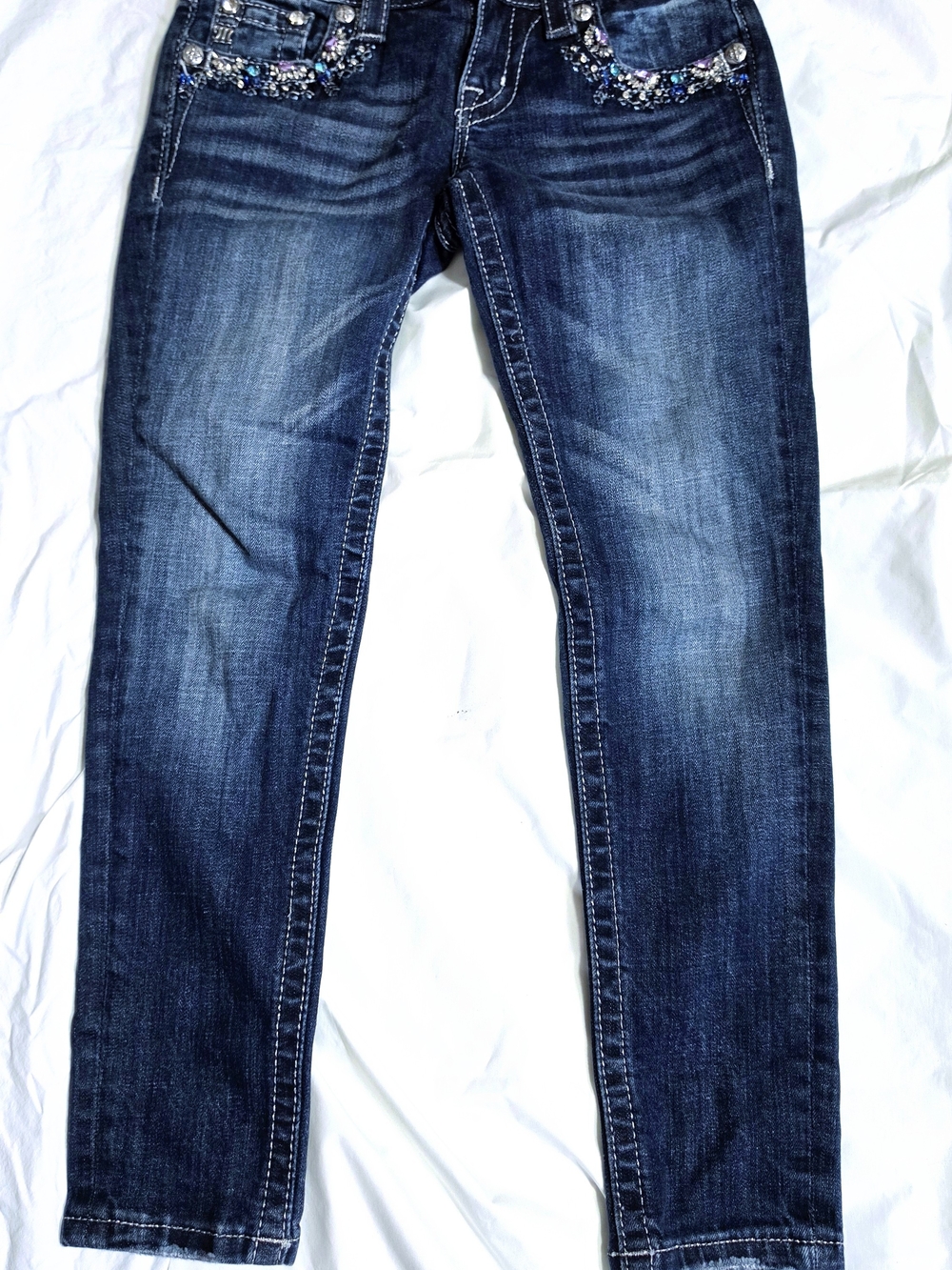 Miss Me Signature Crop Skinny Embellished Skinny Jeans in Blue Waist 25